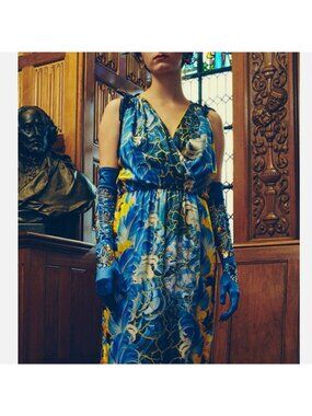 Romance Was Born Rococo Plume Wrap V-Neck Silk Velvet Blue Midi Dress 10